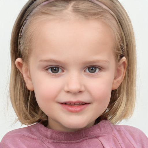 Joyful white child female with medium  brown hair and blue eyes