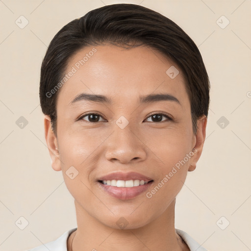 Joyful white young-adult female with short  brown hair and brown eyes