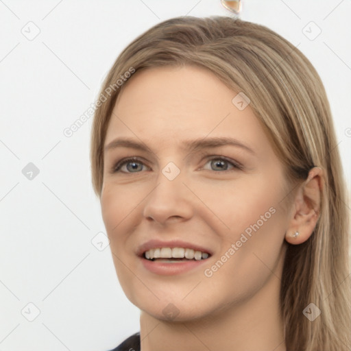 Joyful white young-adult female with long  brown hair and grey eyes