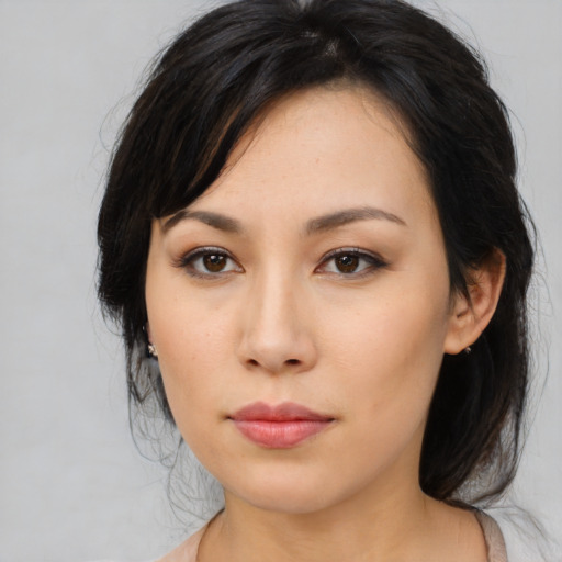 Neutral asian young-adult female with medium  black hair and brown eyes