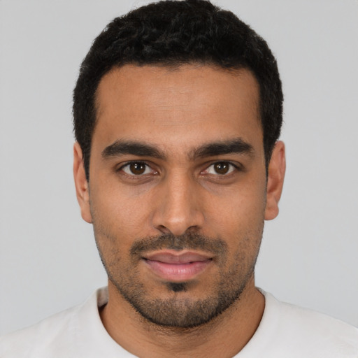 Neutral latino young-adult male with short  black hair and brown eyes