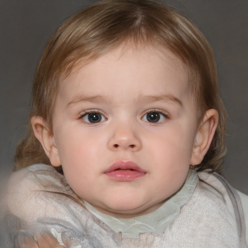 Neutral white child female with medium  brown hair and blue eyes