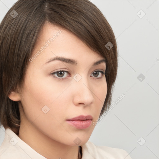 Neutral white young-adult female with medium  brown hair and brown eyes