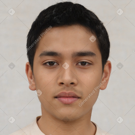 Neutral asian young-adult male with short  black hair and brown eyes