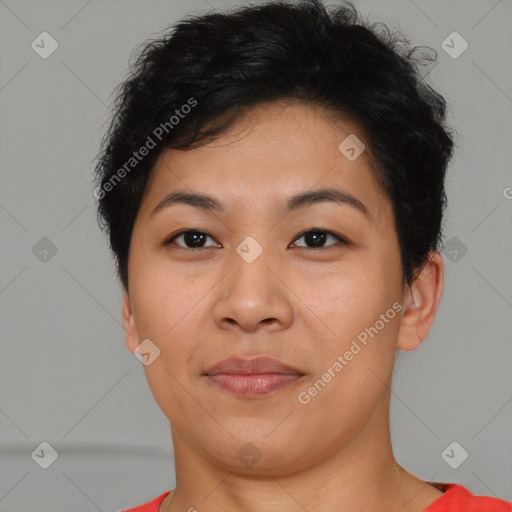 Joyful asian young-adult female with short  brown hair and brown eyes