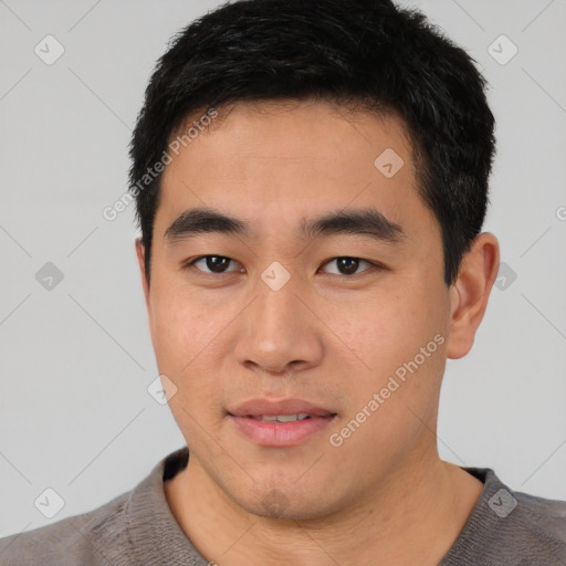 Neutral asian young-adult male with short  black hair and brown eyes