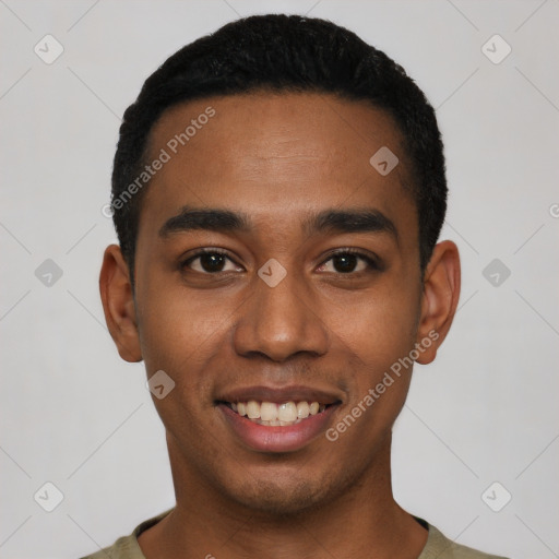 Joyful black young-adult male with short  black hair and brown eyes