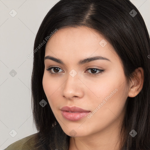 Neutral white young-adult female with long  brown hair and brown eyes