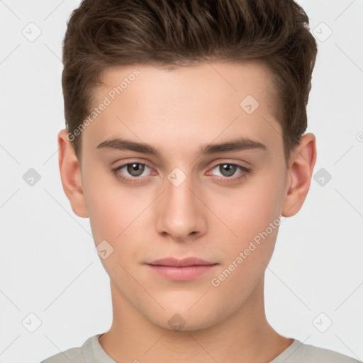 Neutral white young-adult male with short  brown hair and brown eyes