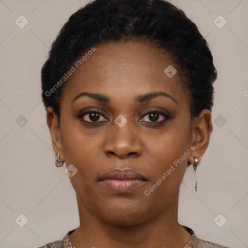 Neutral black young-adult female with short  black hair and brown eyes