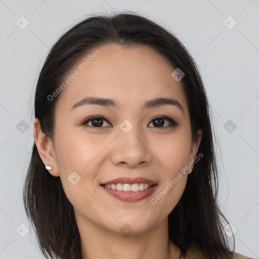 Joyful white young-adult female with long  brown hair and brown eyes