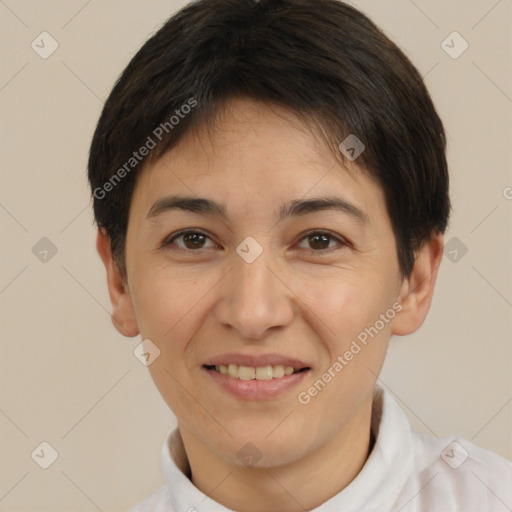 Joyful white adult female with short  brown hair and brown eyes