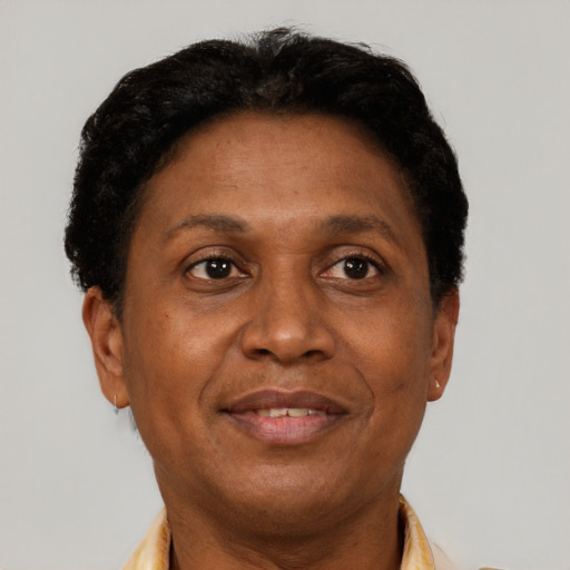 Joyful latino adult female with short  brown hair and brown eyes