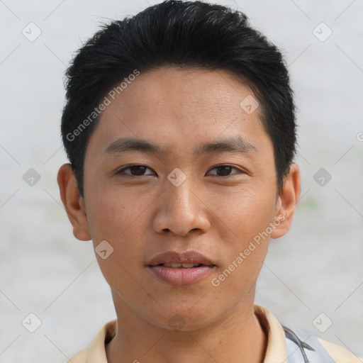 Joyful asian young-adult male with short  black hair and brown eyes