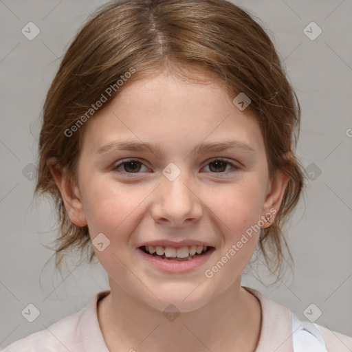 Joyful white child female with medium  brown hair and brown eyes