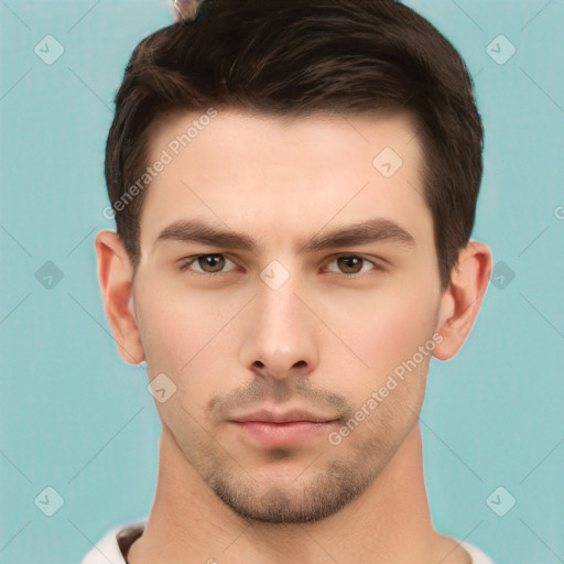 Neutral white young-adult male with short  brown hair and brown eyes