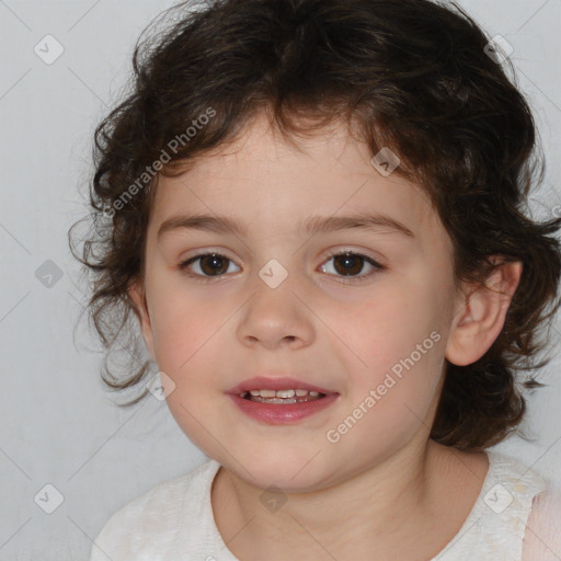 Joyful white child female with medium  brown hair and brown eyes