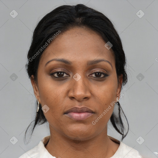 Joyful asian young-adult female with medium  black hair and brown eyes