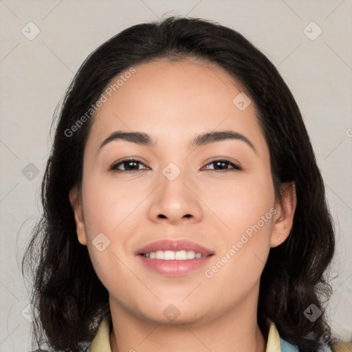 Joyful white young-adult female with medium  black hair and brown eyes