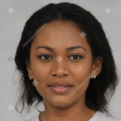 Joyful black young-adult female with medium  black hair and brown eyes