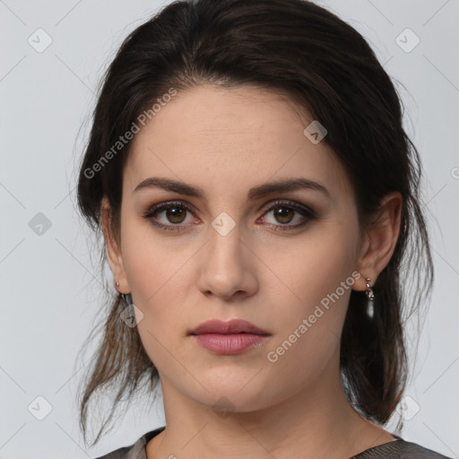 Neutral white young-adult female with medium  brown hair and brown eyes