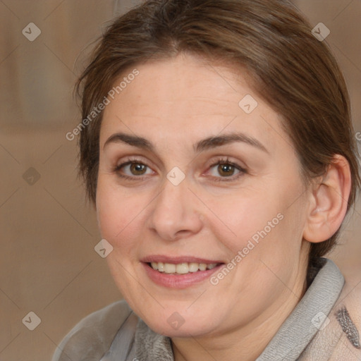 Joyful white adult female with medium  brown hair and brown eyes