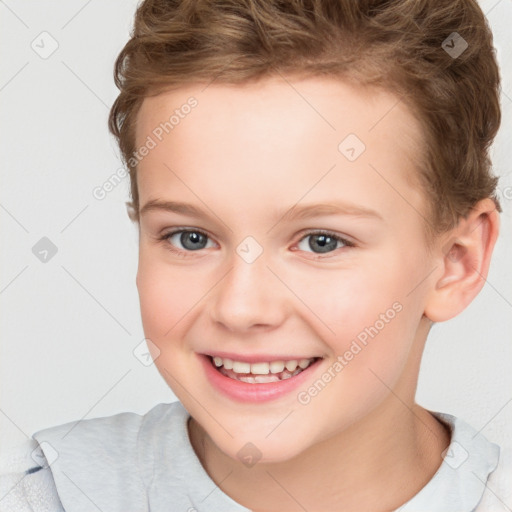 Joyful white child female with short  brown hair and brown eyes