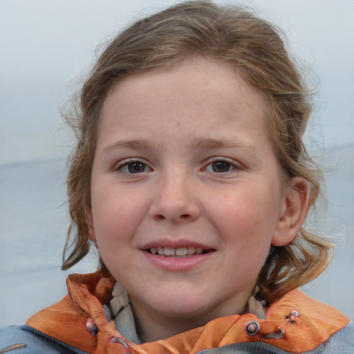 Joyful white child female with medium  brown hair and blue eyes