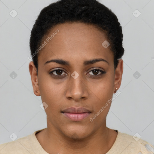 Neutral black young-adult female with short  black hair and brown eyes