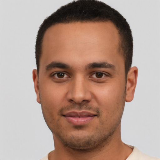 Neutral latino young-adult male with short  brown hair and brown eyes