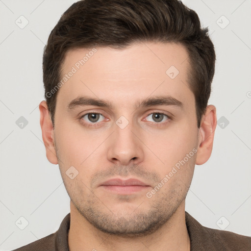 Neutral white young-adult male with short  brown hair and brown eyes