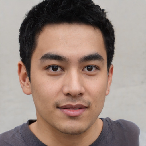 Joyful asian young-adult male with short  black hair and brown eyes