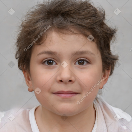 Joyful white child female with short  brown hair and brown eyes