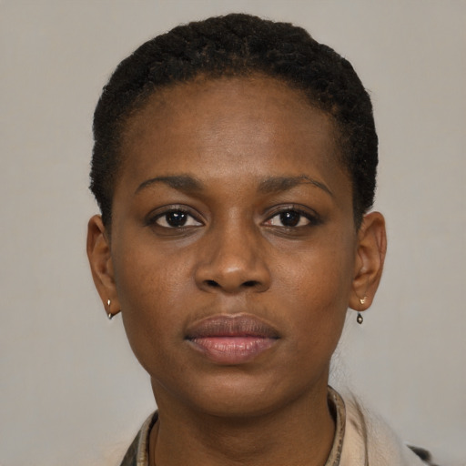 Neutral black young-adult female with short  brown hair and brown eyes