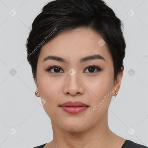 Joyful asian young-adult female with short  black hair and brown eyes