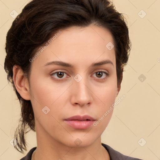 Neutral white young-adult female with short  brown hair and brown eyes