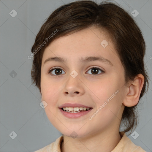 Joyful white child female with medium  brown hair and brown eyes