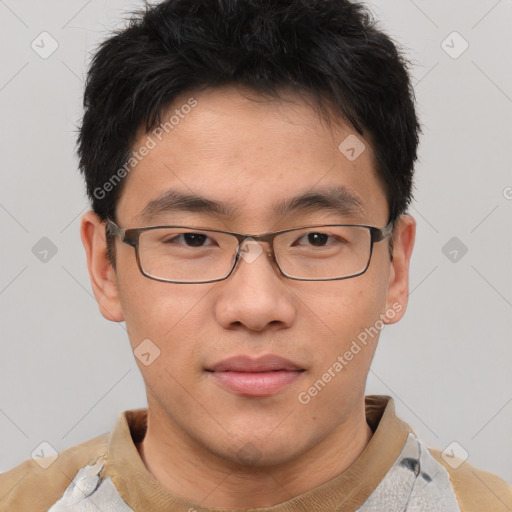 Neutral asian young-adult male with short  brown hair and brown eyes