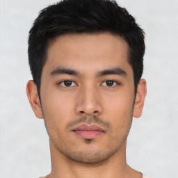 Neutral asian young-adult male with short  black hair and brown eyes