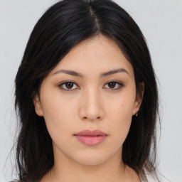 Neutral asian young-adult female with long  brown hair and brown eyes