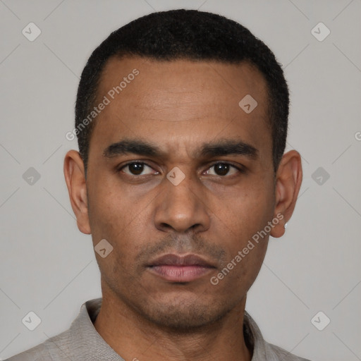 Neutral latino young-adult male with short  black hair and brown eyes