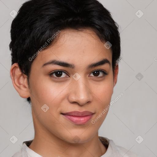 Joyful latino young-adult female with short  brown hair and brown eyes