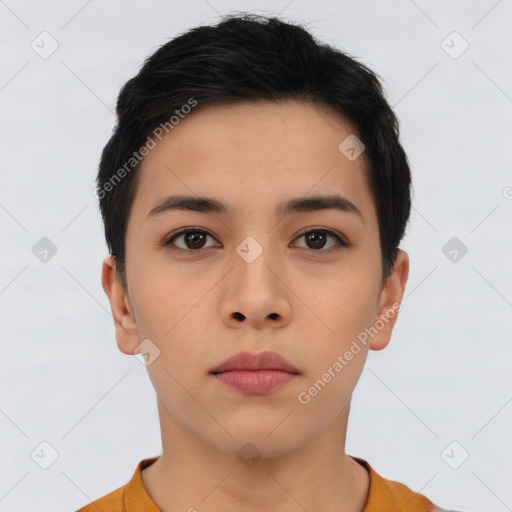 Neutral asian young-adult female with short  black hair and brown eyes