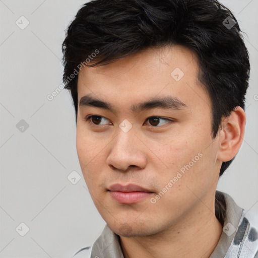 Neutral asian young-adult male with short  brown hair and brown eyes