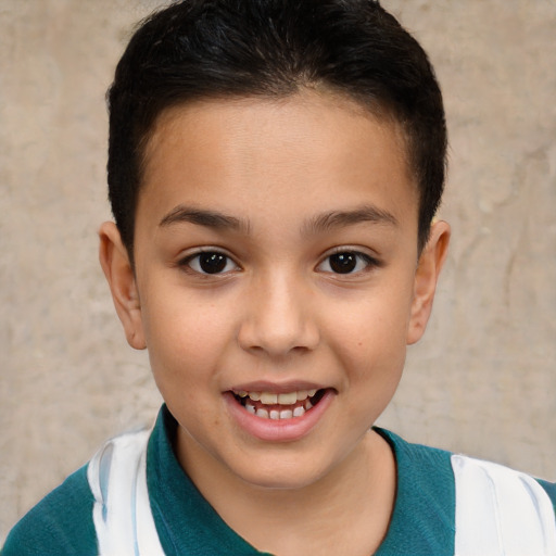 Joyful white child female with short  brown hair and brown eyes