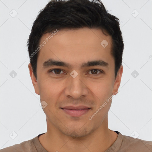 Joyful white young-adult male with short  black hair and brown eyes