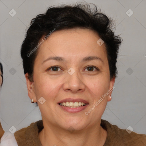 Joyful white adult female with short  brown hair and brown eyes