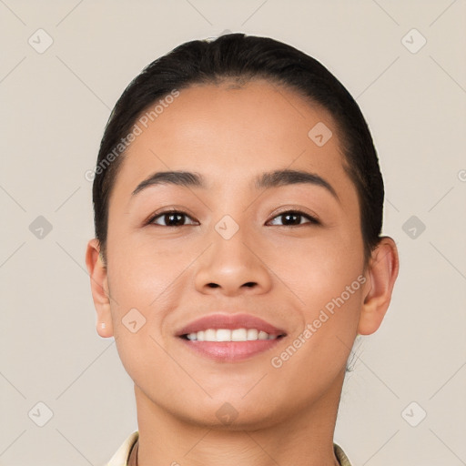 Joyful white young-adult female with short  black hair and brown eyes