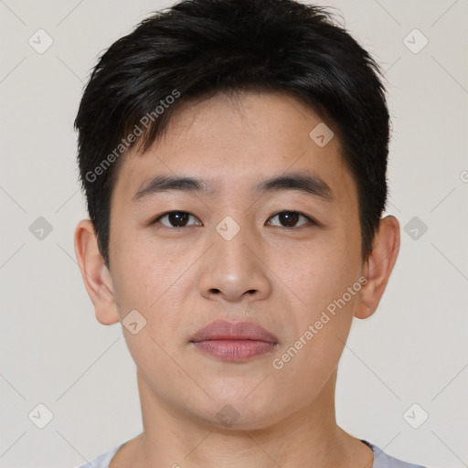 Neutral asian young-adult male with short  black hair and brown eyes