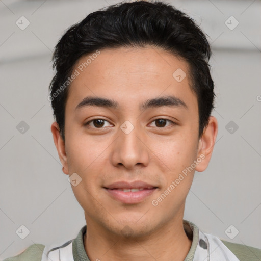 Joyful asian young-adult male with short  black hair and brown eyes